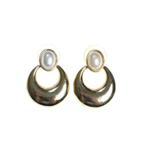 Vintage Joy Jewelry Gold Doorknocker Earrings with Faux Pearl New Old Stock Pierced