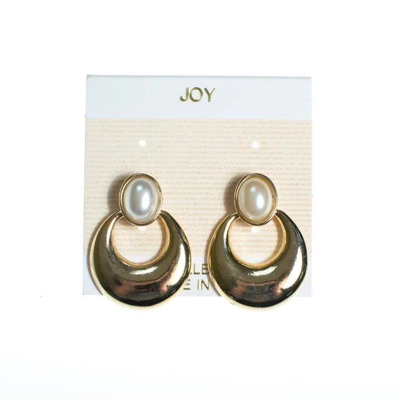 Vintage Joy Jewelry Gold Doorknocker Earrings with Faux Pearl New Old Stock Pierced