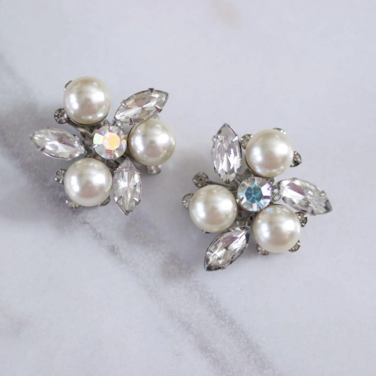Vintage Judy Lee Sparkly Rhinestone and Large Pearl Statement Earrings