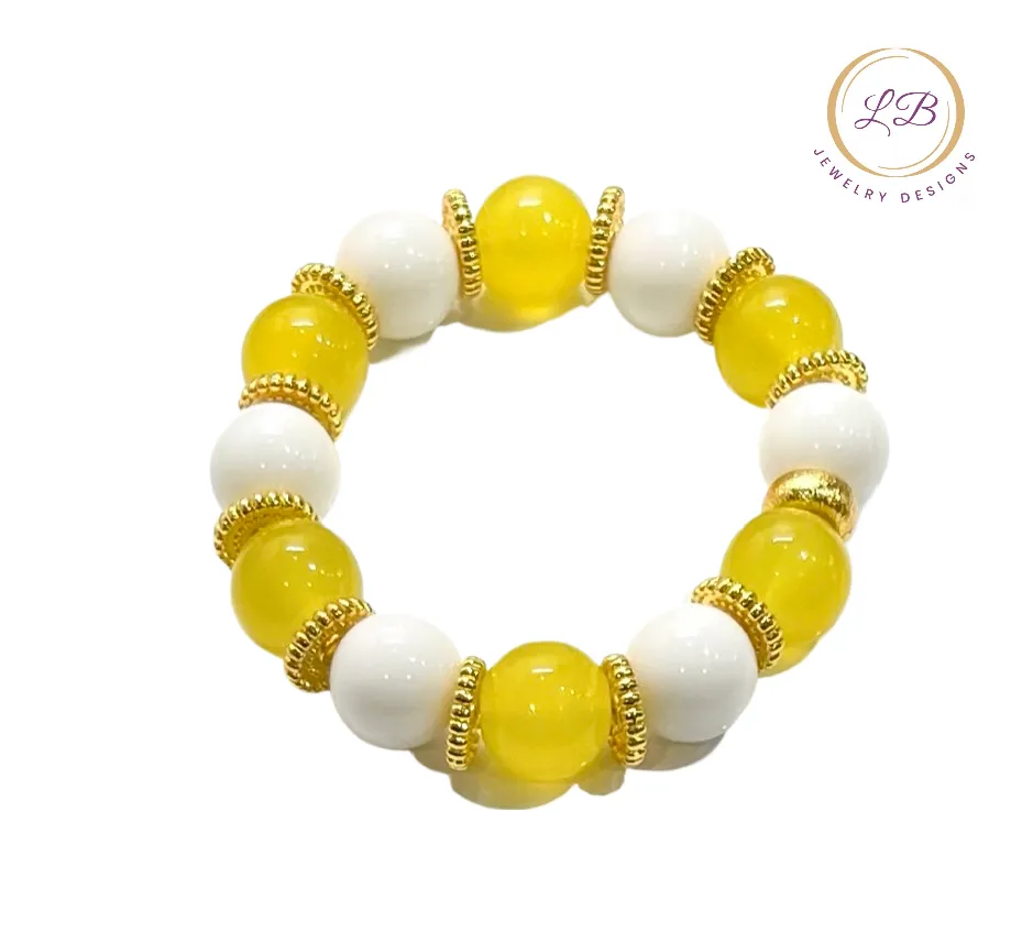 White Alabaster & Lemon Quartz Gemstone Beaded Bracelet