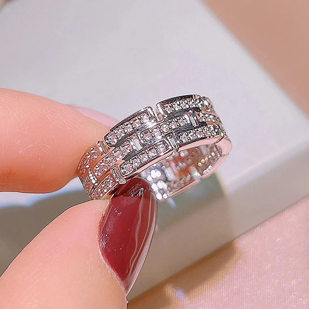 Wide Promise Rings for Women Pull Paved CZ Sparkling Wedding Bands Rings Silver Color/Gold Color