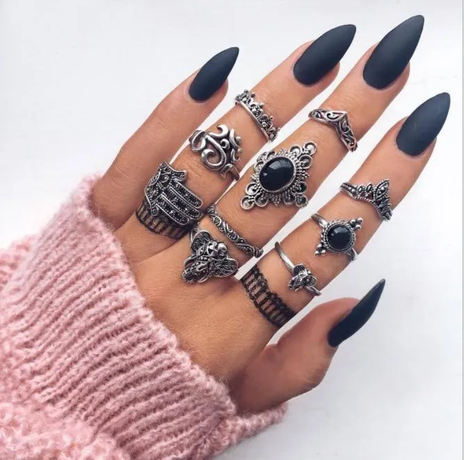 Women Crystal Finger Knuckle Rings Set For Girls Moon Lotus Charm Bohemian Ring Fashion Jewelry Gift