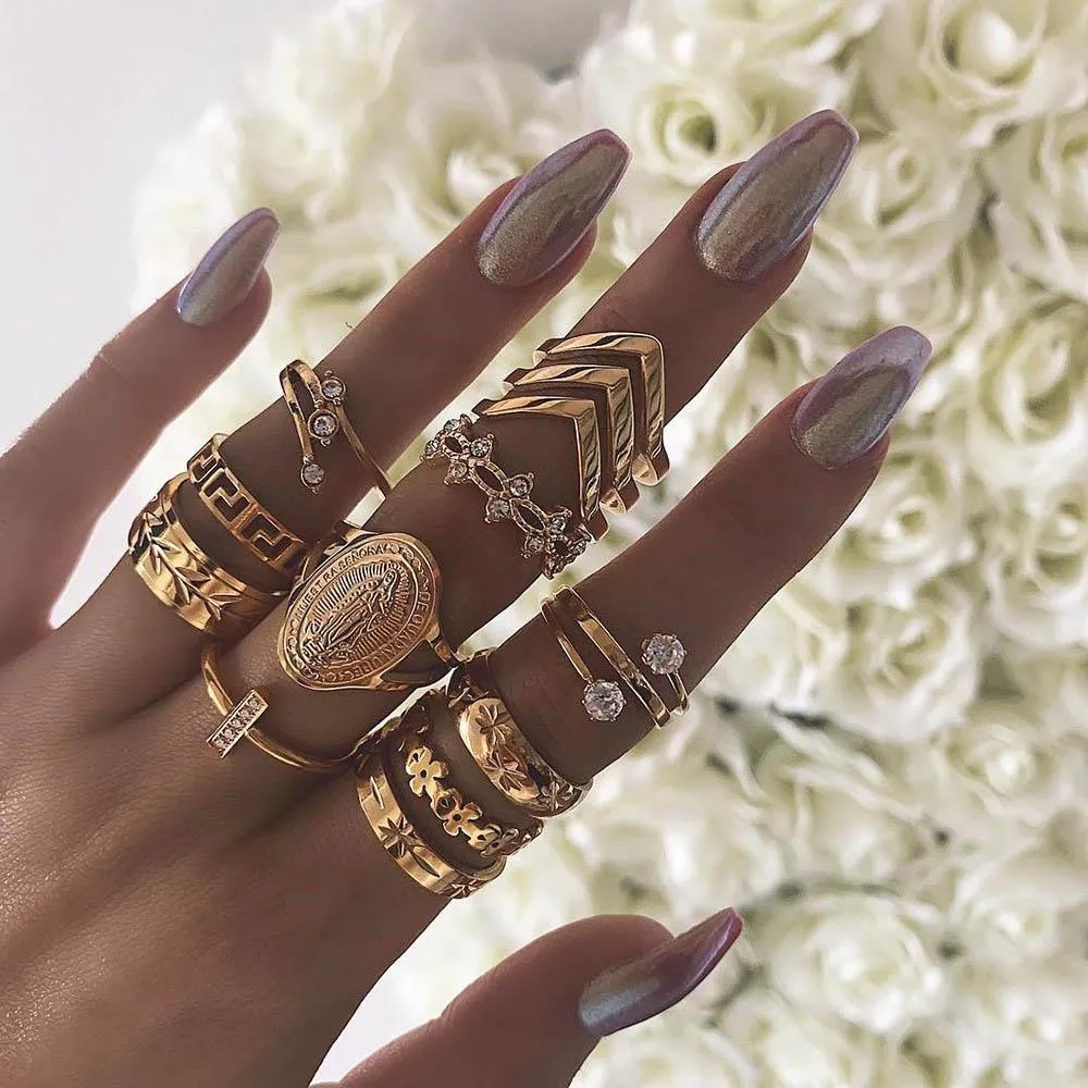 Women Crystal Finger Knuckle Rings Set For Girls Moon Lotus Charm Bohemian Ring Fashion Jewelry Gift
