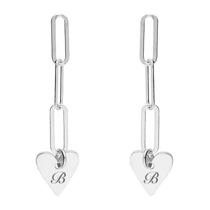 Womens chain drop heart personalised earrings Silver