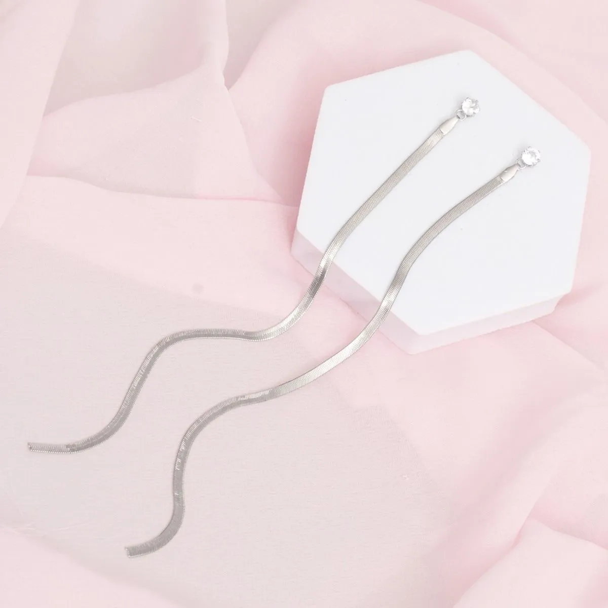 Women’s Shoulder Duster Earrings – Extra Long Silver Tone Herringbone Chain with Clear Rhinestone, Modern Chic Style