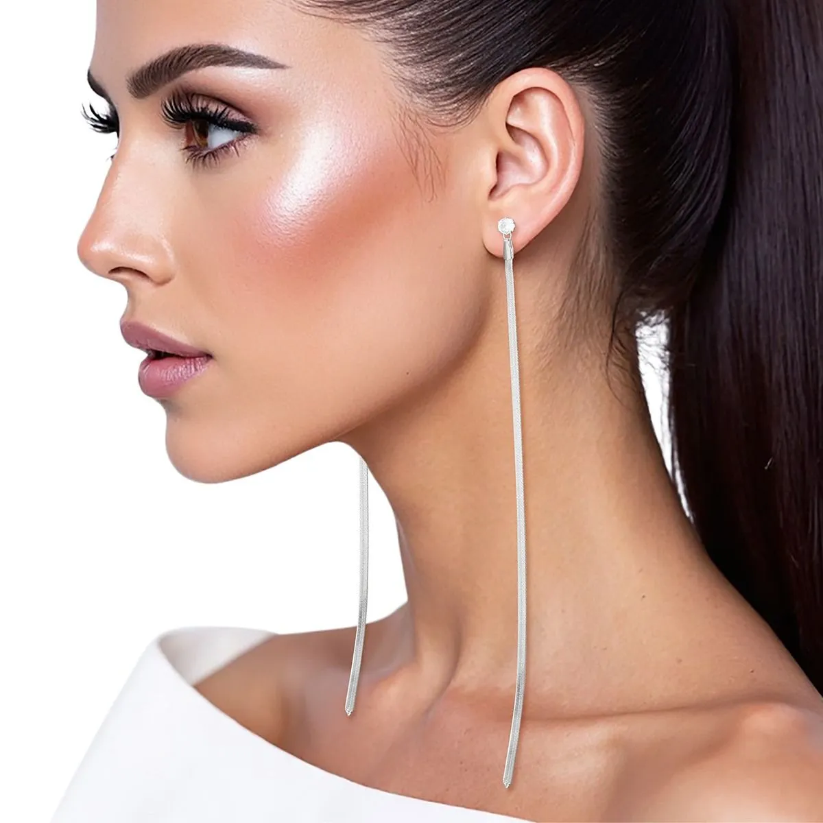Women’s Shoulder Duster Earrings – Extra Long Silver Tone Herringbone Chain with Clear Rhinestone, Modern Chic Style