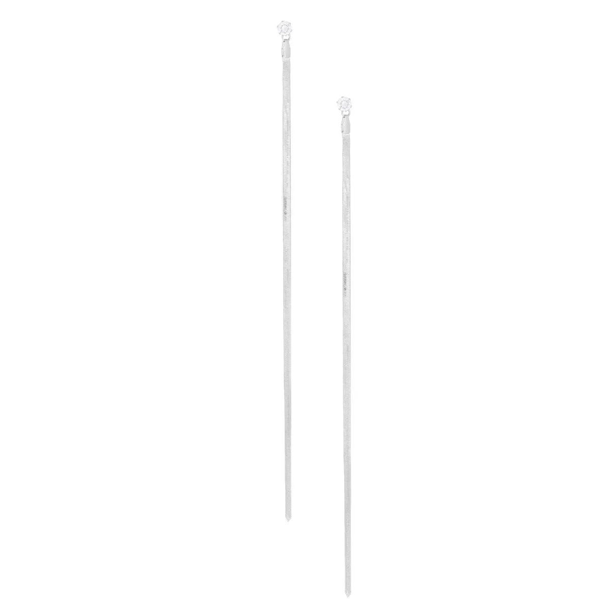 Women’s Shoulder Duster Earrings – Extra Long Silver Tone Herringbone Chain with Clear Rhinestone, Modern Chic Style