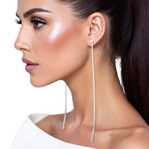 Women’s Shoulder Duster Earrings – Extra Long Silver Tone Herringbone Chain with Clear Rhinestone, Modern Chic Style