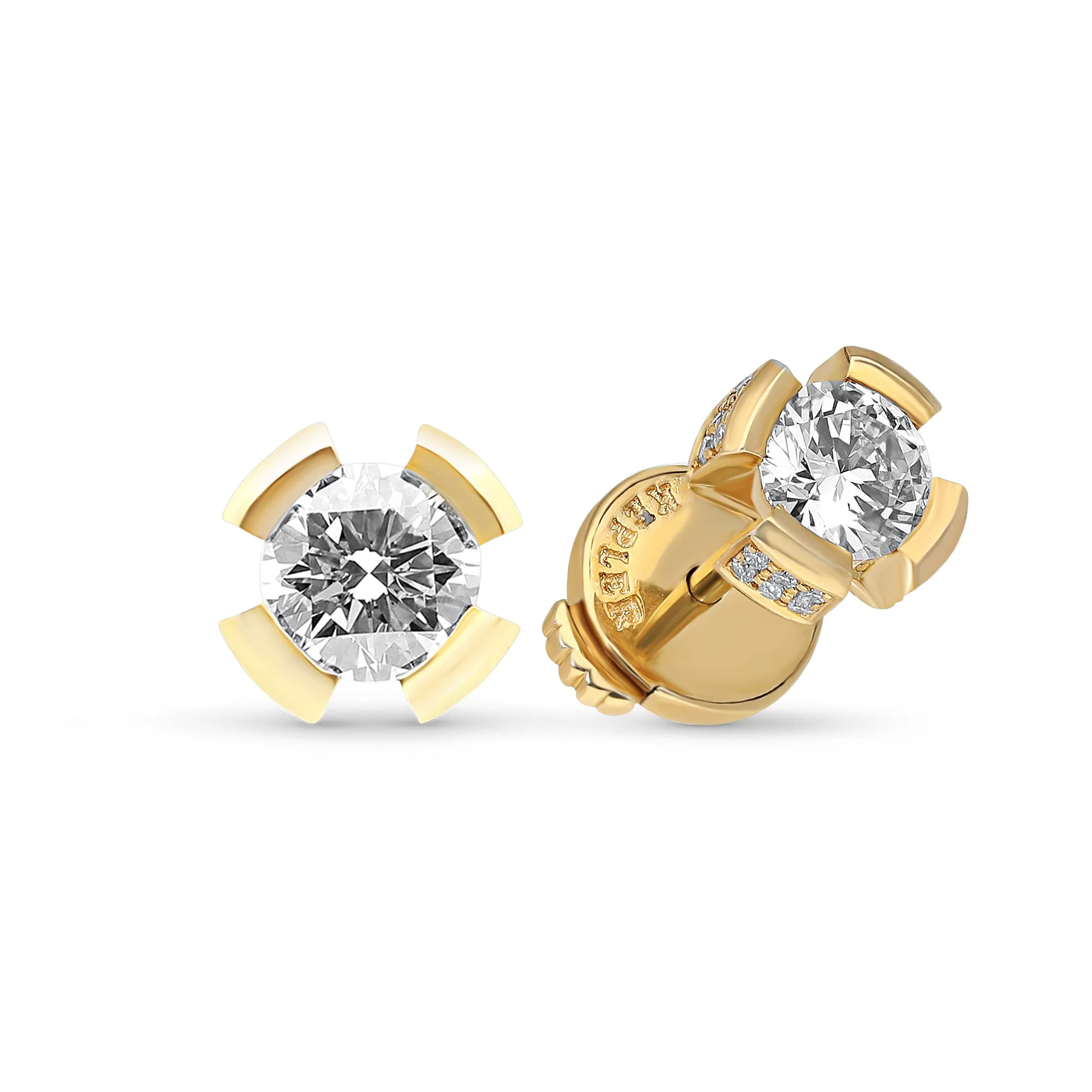 Yellow Gold Round Diamond Studs in a Split Bezel Setting - 0.9 Carat