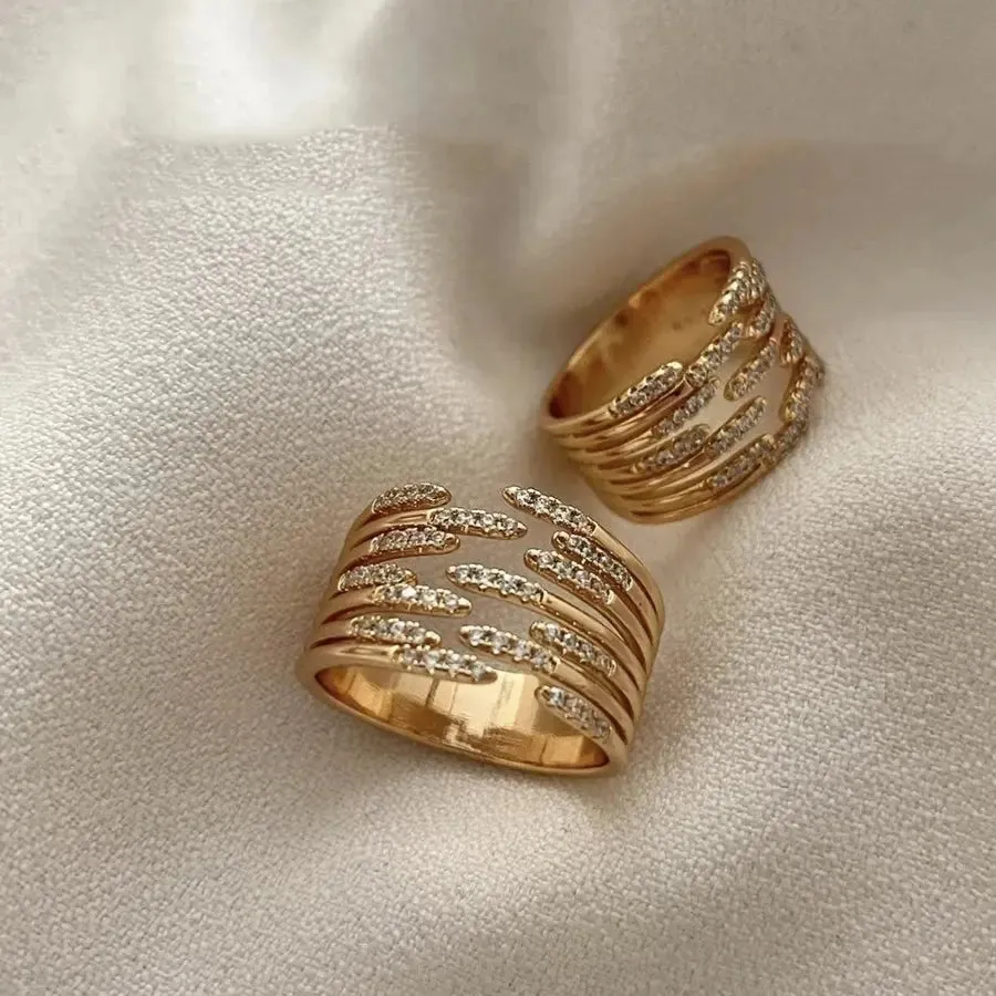 Zircon Double Crossed Shape Rings For Women Gold Plated Stainless Steel Cross Ring Luxury Wedding Couple Rings Aesthetic Jewelry