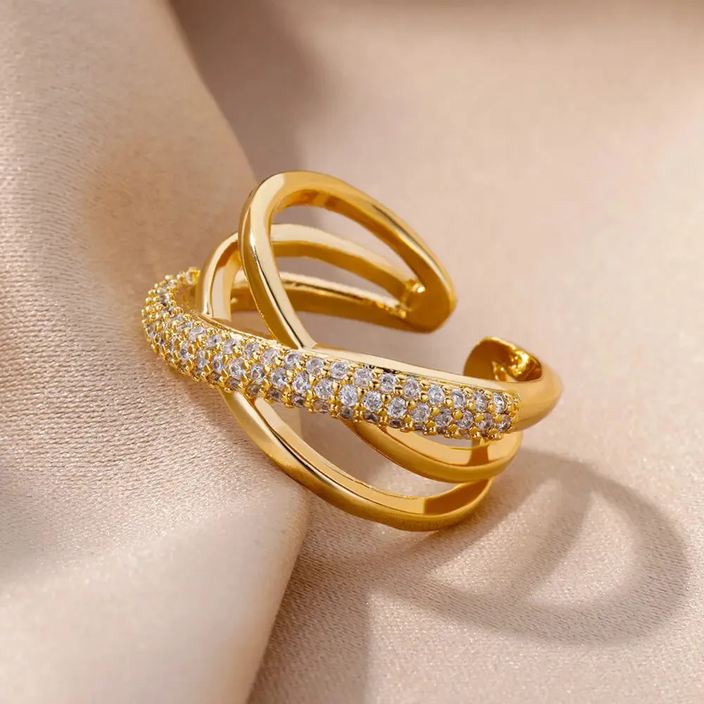 Zircon Double Crossed Shape Rings for Women Gold Plated Stainless Steel Cross Ring Luxury Wedding Couple Rings Aesthetic Jewerly